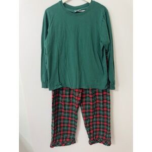 PajamaGram Women's Large‎ Pajama Set Green Plaid Long Sleeve Cotton Loungewear